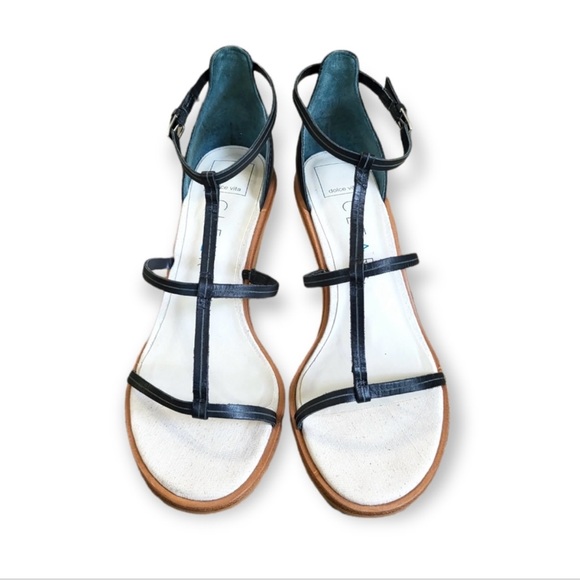 Dolce Vita | Jeana Black Leather Strappy Sandal Wedges | Size 8.5 - Picture 5 of 11